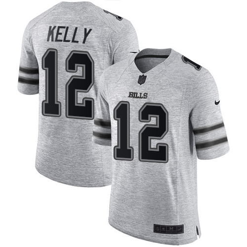 Nike Bills #12 Jim Kelly Gray Men's Stitched NFL Limited Gridiron Gray II Jersey - Click Image to Close
